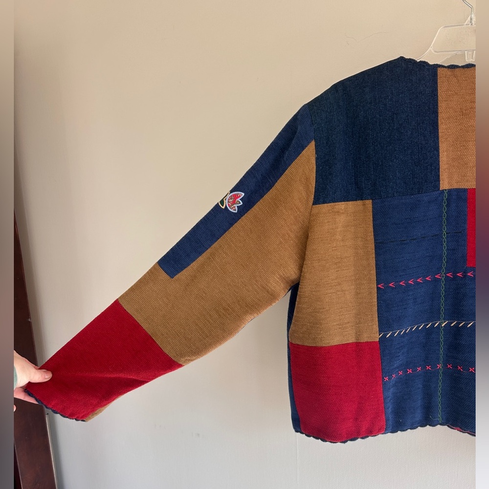 Vintage 90s Artsy Patchwork Novelty Embroidered Statement Jacket Whimsy Boho XL - Picture 12 of 15
